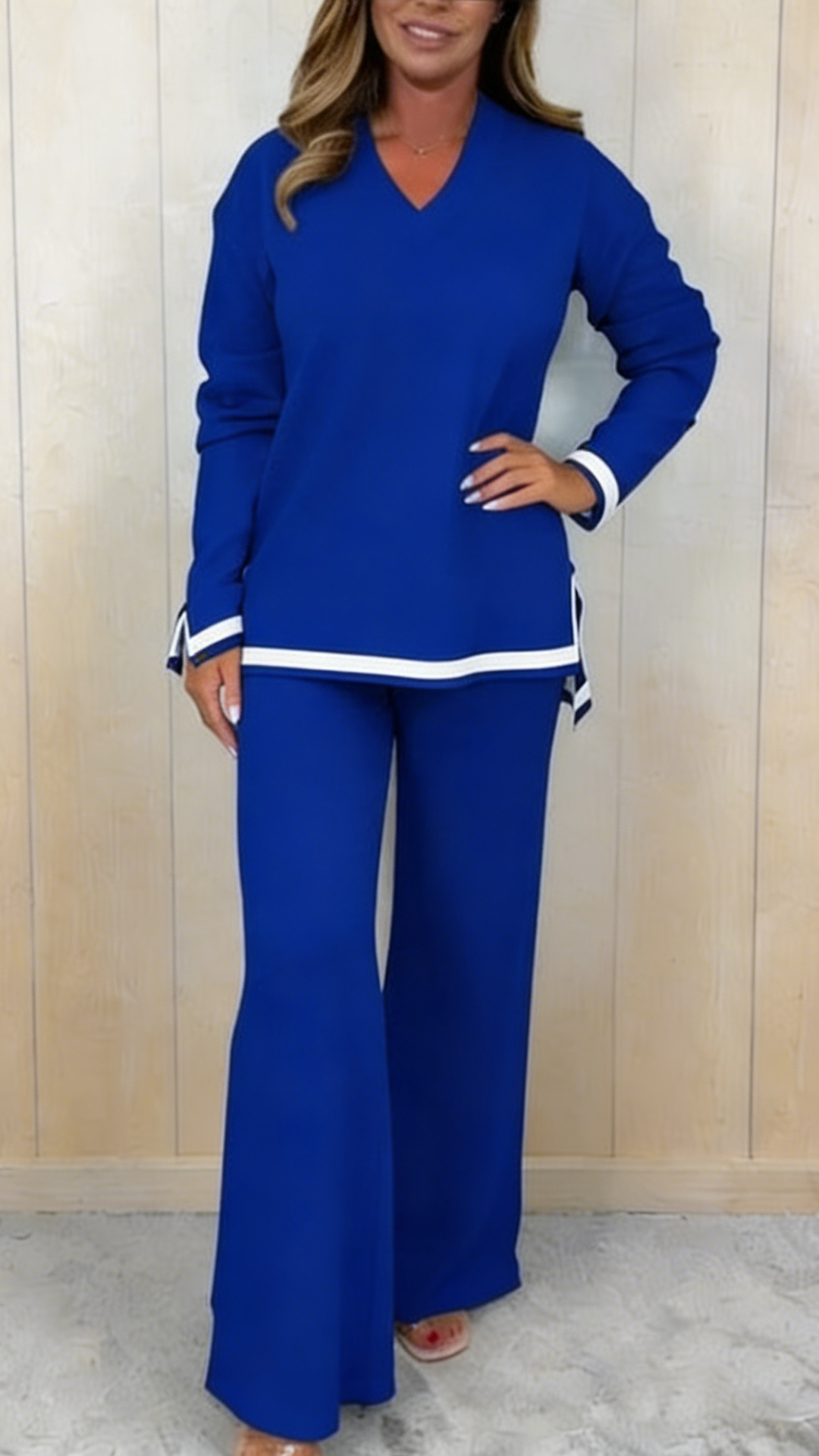 Solid Color V-neck Long-sleeved Loose Top and Elastic Waist Wide-leg Pants Set