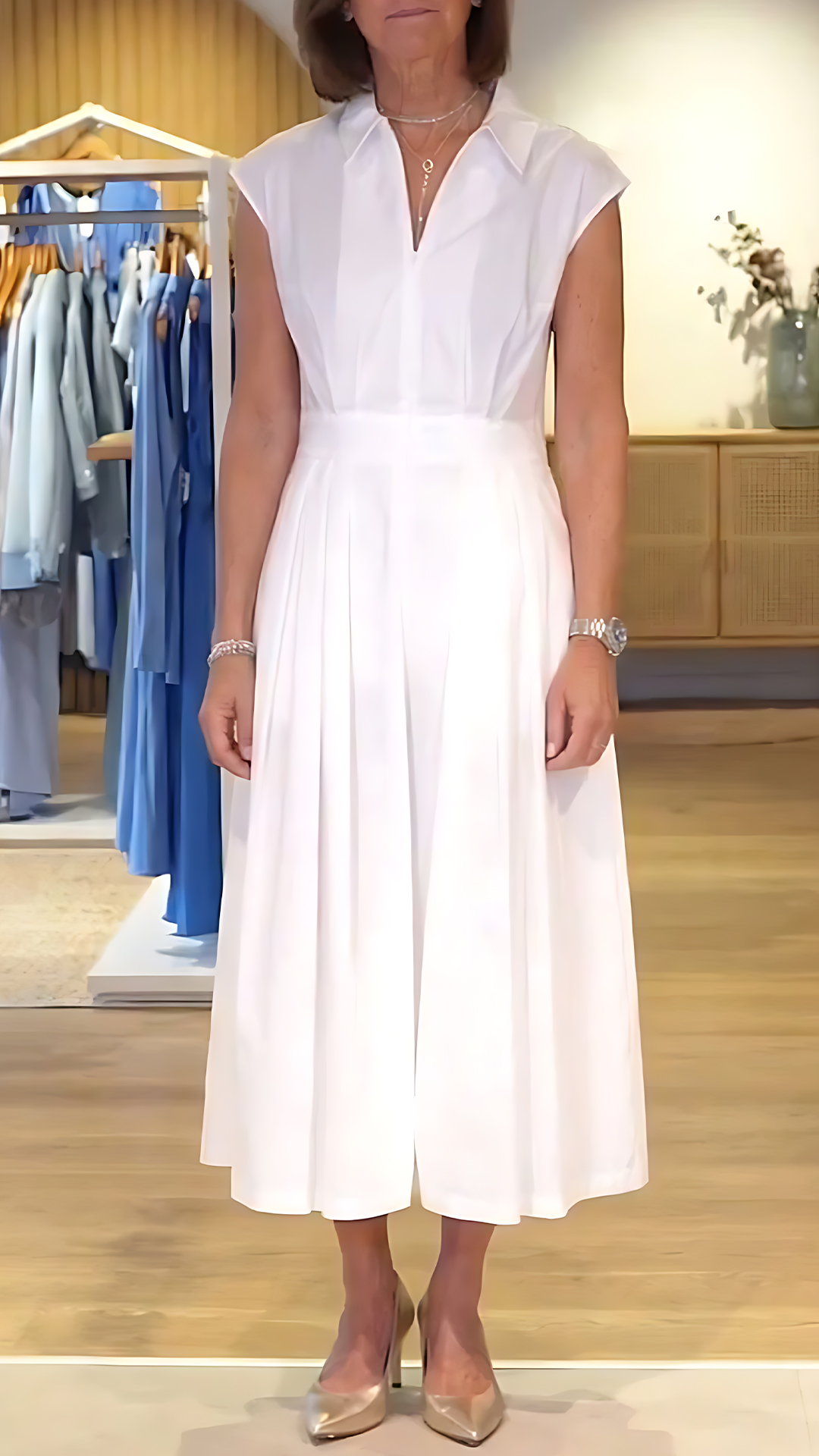 Women's Solid-color Shirt-collar Sleeveless Loose-fit Casual Cotton Dress