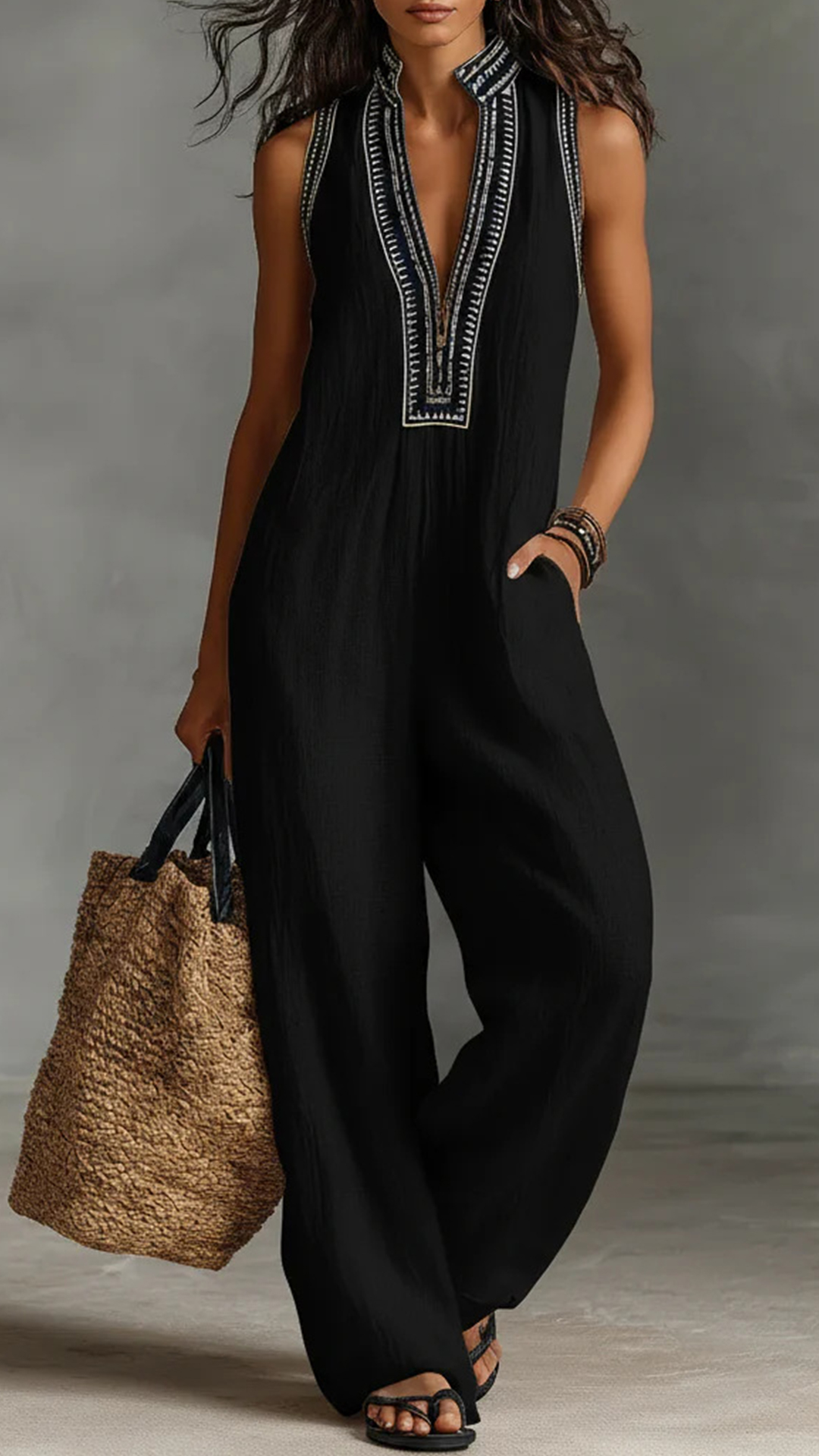 Embroidered Stand Collar Sleeveless Cotton Linen Wide-Leg Jumpsuit