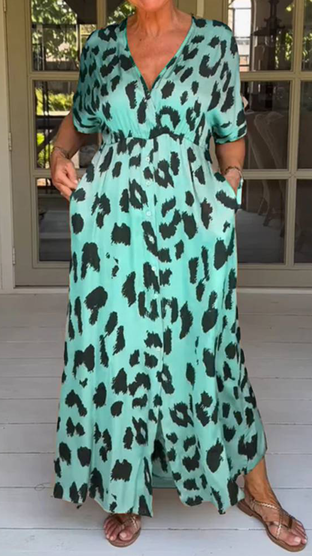 Women's Leopard Print V-Neck Slim Fit Short Sleeve Long Dress