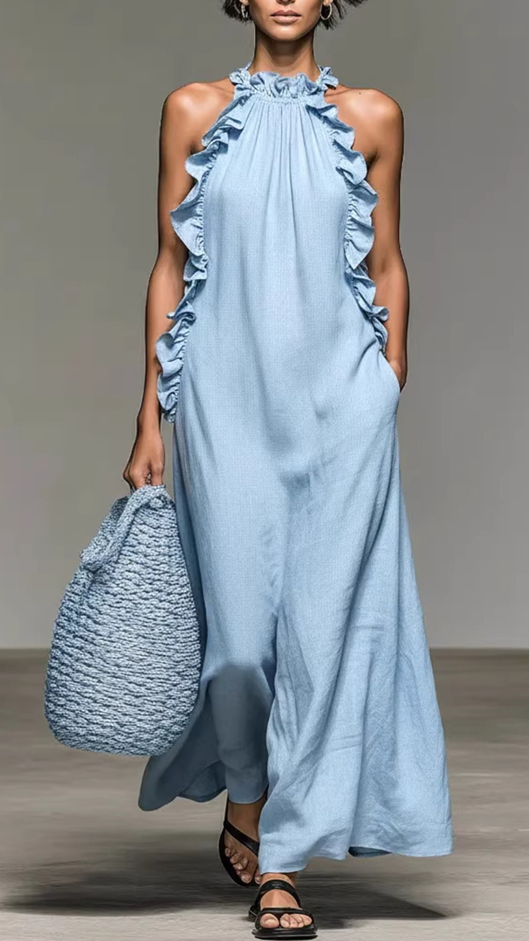 Women's Halter-Neck Ruffled Sleeveless Maxi Dress