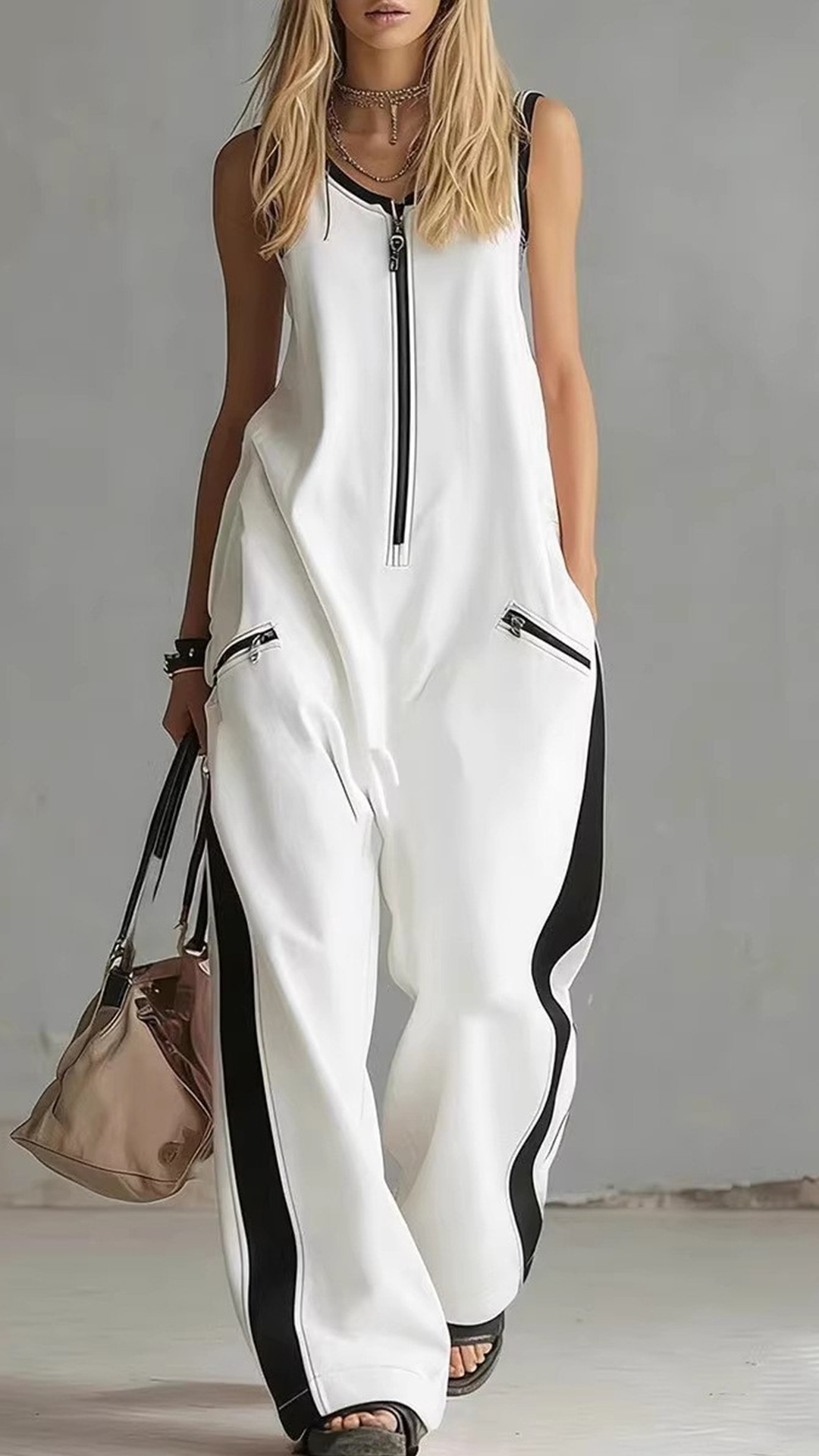 2026 Cross-Border European And American Summer New Amazon Independent Station Foreign Trade Zipper Round Neck Sleeveless Casual Cotton Wide Leg