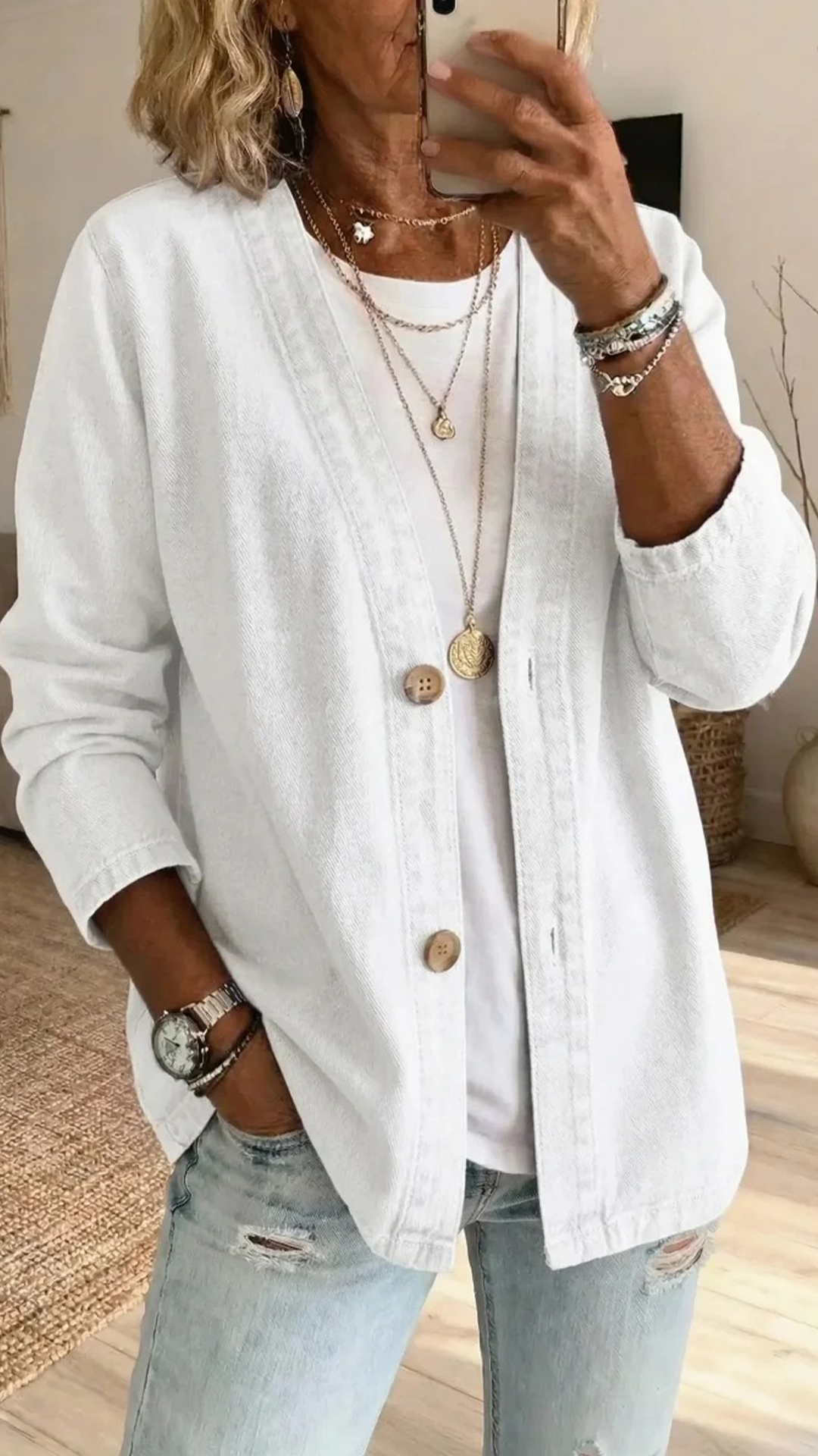 Women's Polyester Denim-Like V-Neck Cardigan