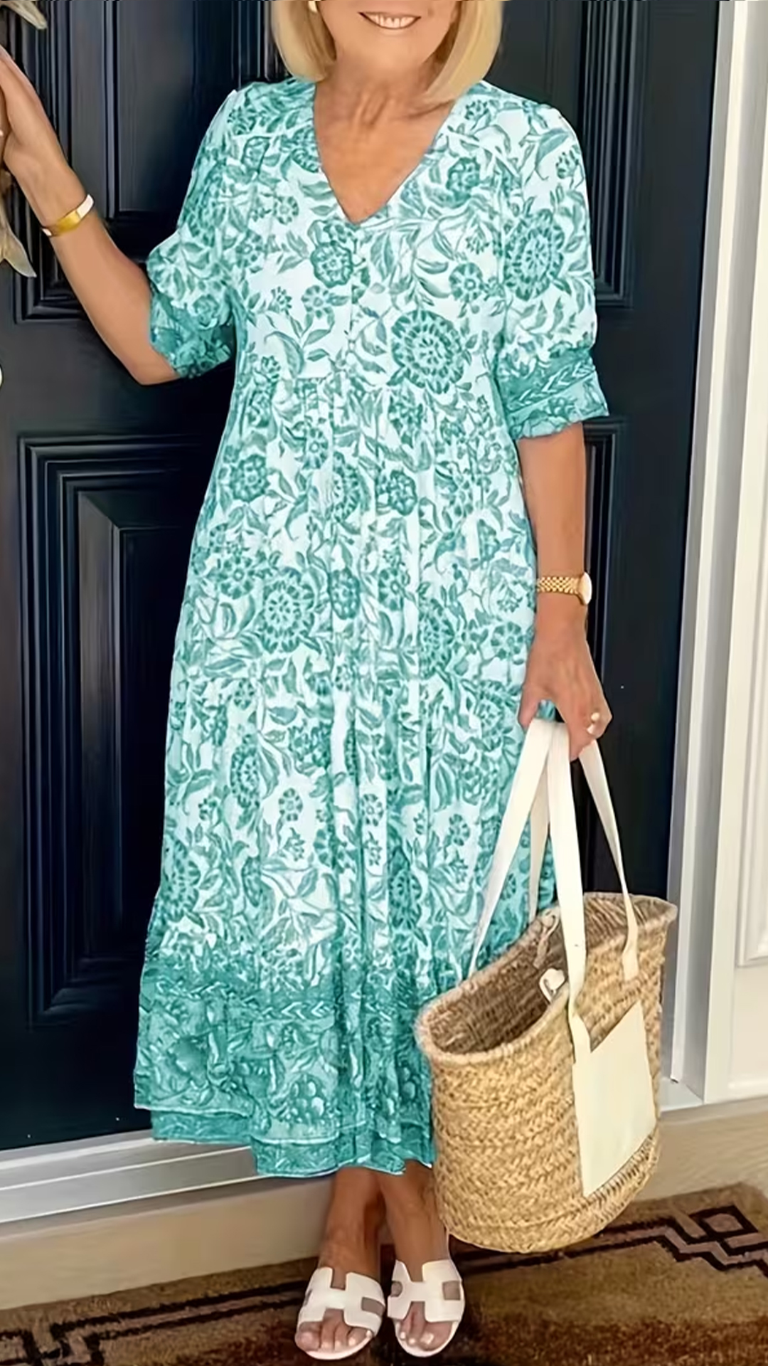 Women's Blue and White Porcelain Print V-Neck Loose Ruffled Midi Dress