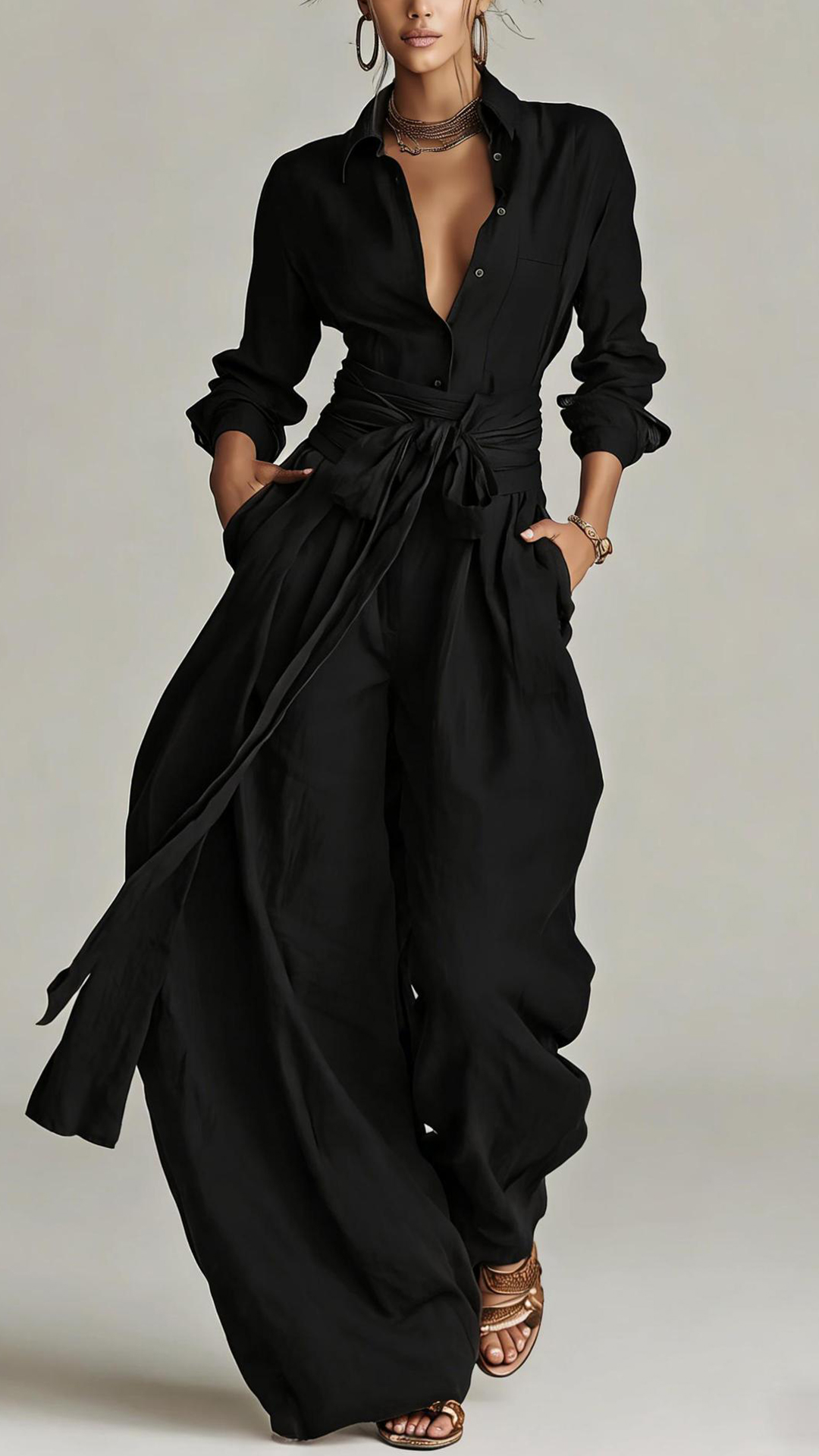 Women's  Cotton-Linen Shirt & Wide-Leg Pants Set with Belt
