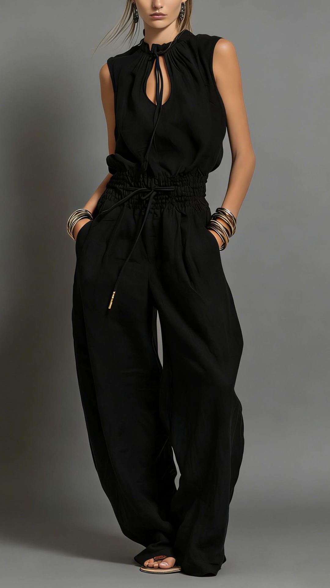 Women's Cotton-Blend Light Beige Waisted Sleeveless Jumpsuit