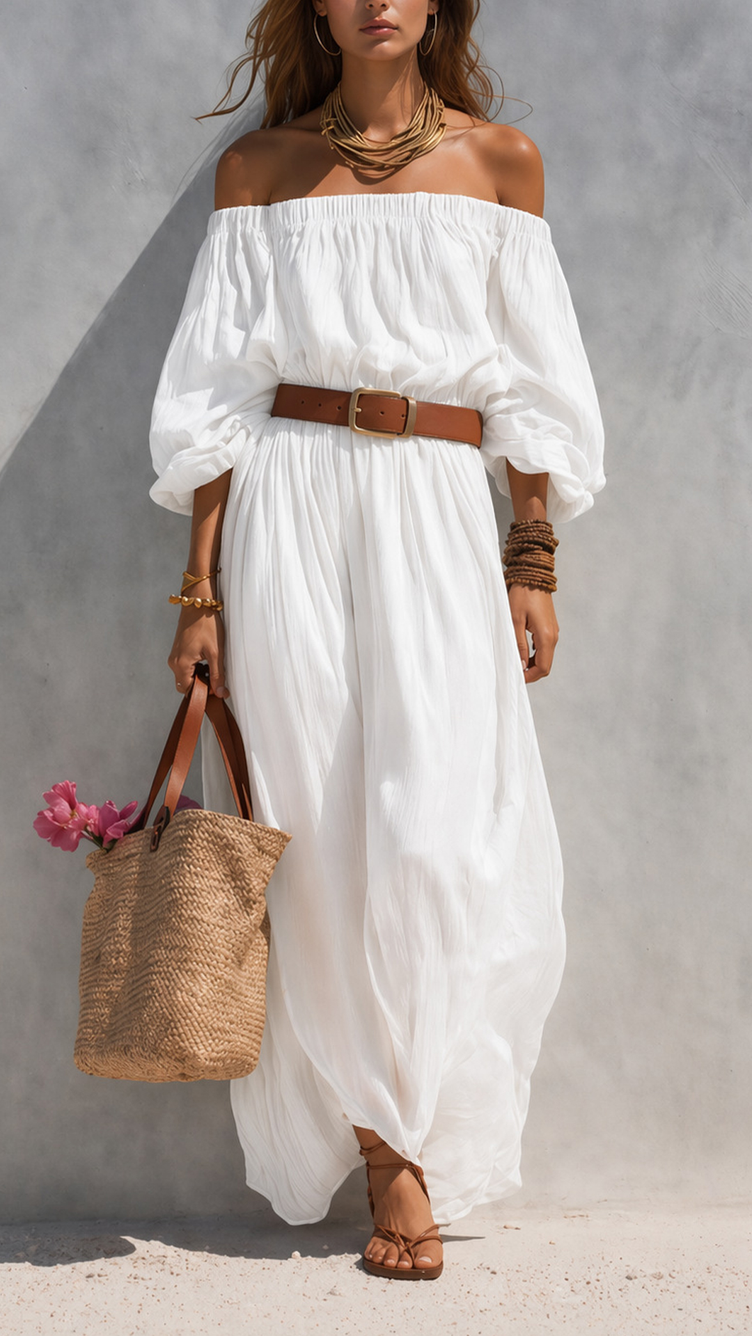 Women's Cotton‑blend Off‑the‑Shoulder Puff‑Sleeve Belted Wide‑Leg Jumpsuit