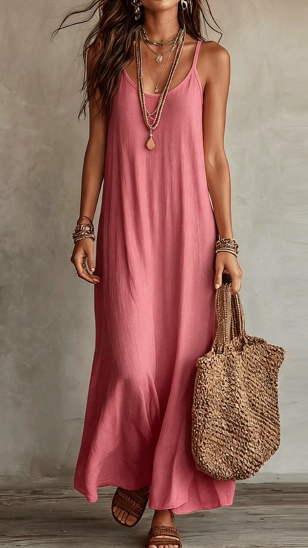 Women's Cotton‑blend Thin‑Strap U‑Neck Loose Maxi Dress