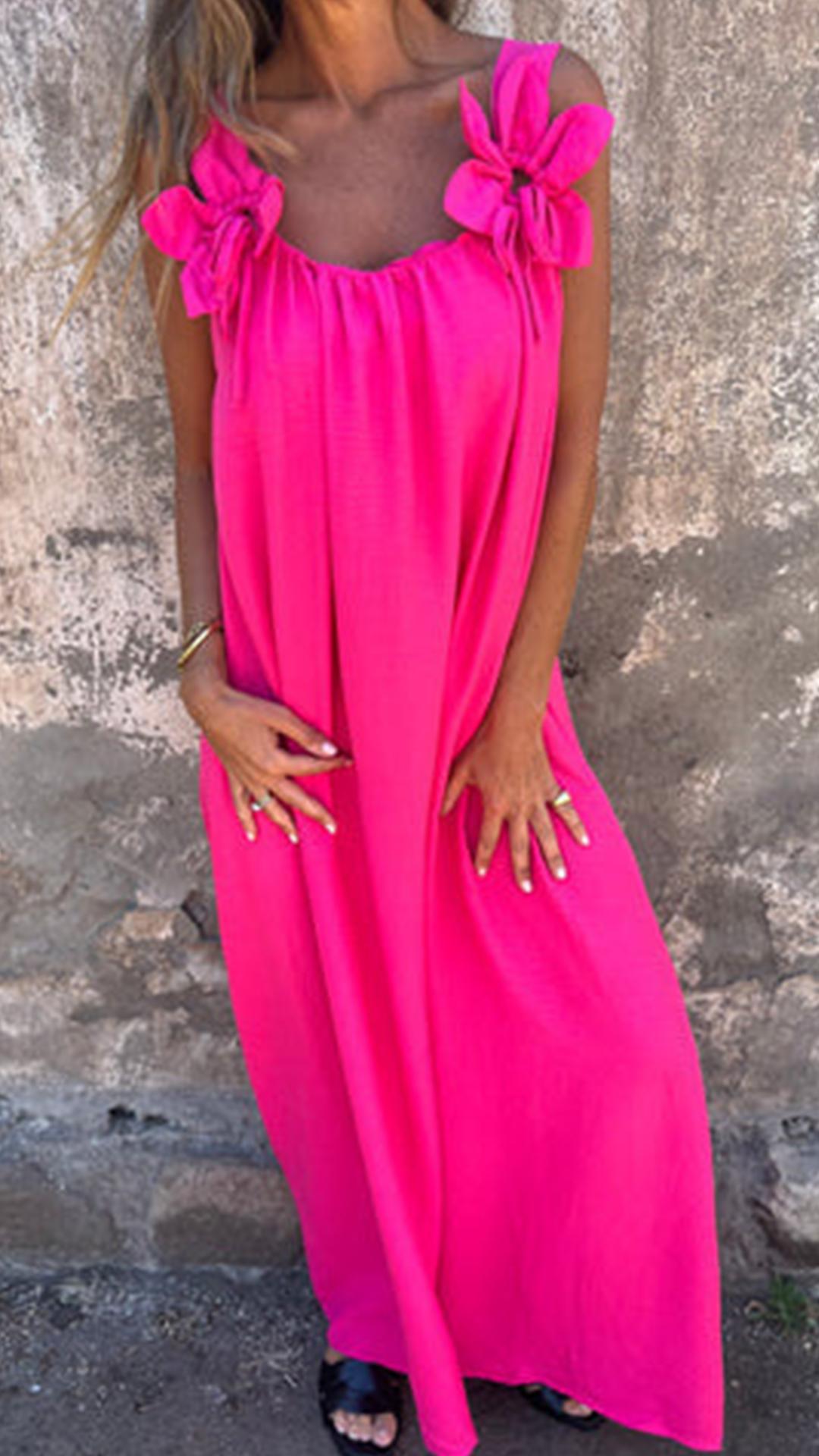 Women's Light Apricot Oversized Sleeveless Maxi Dress With Shoulder Bows