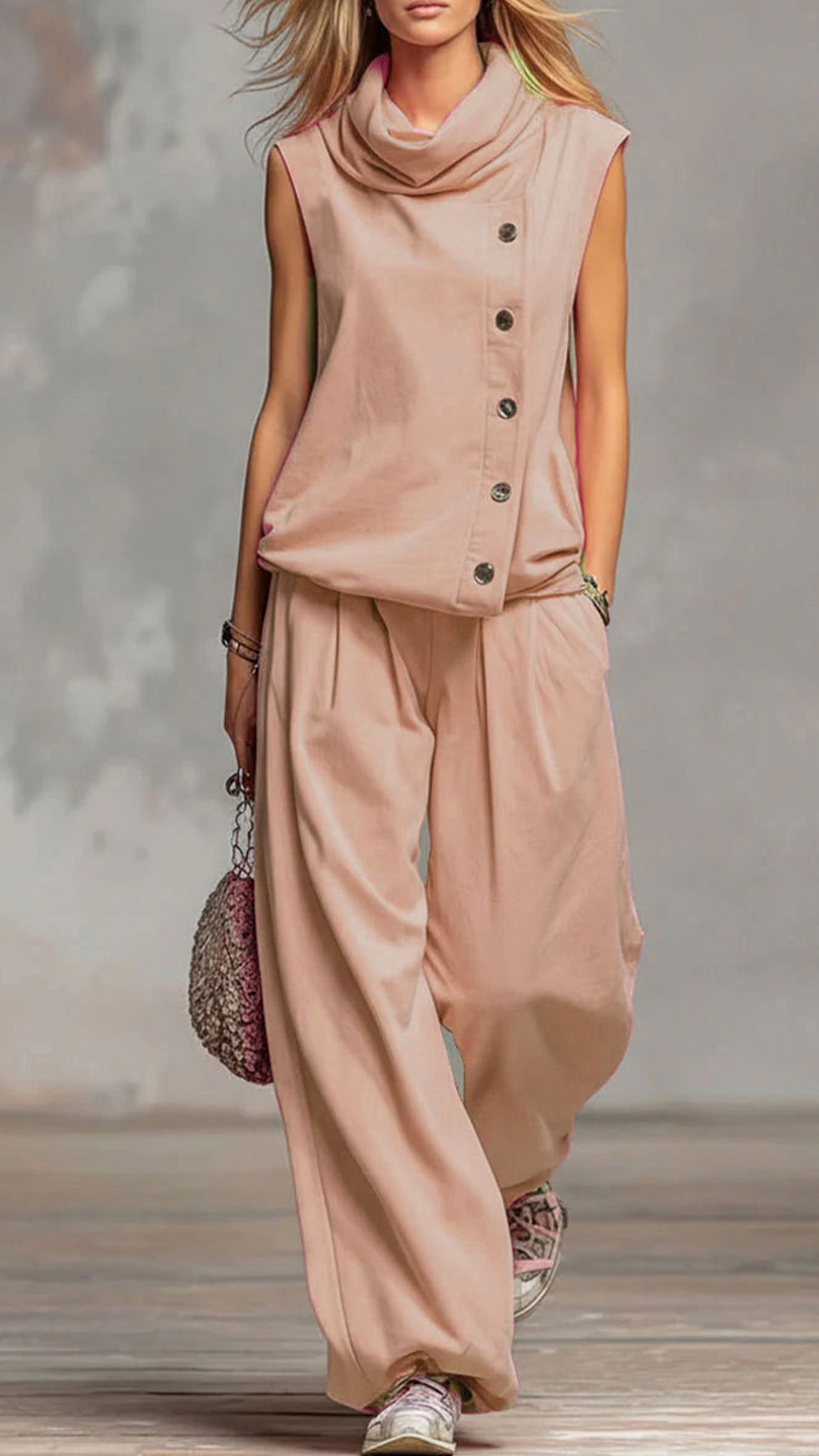 Women's Cowl Neck Sleeveless Top & Wide-Leg Pants Set
