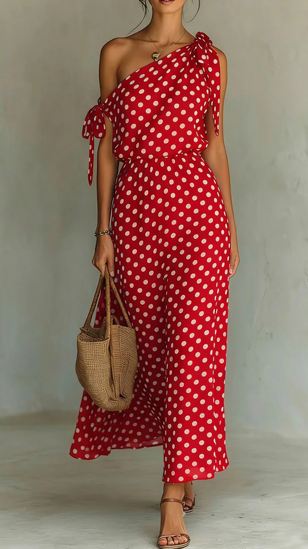Women's Polka Dot Asymmetrical Tie-Shoulder Wide-Leg Jumpsuit