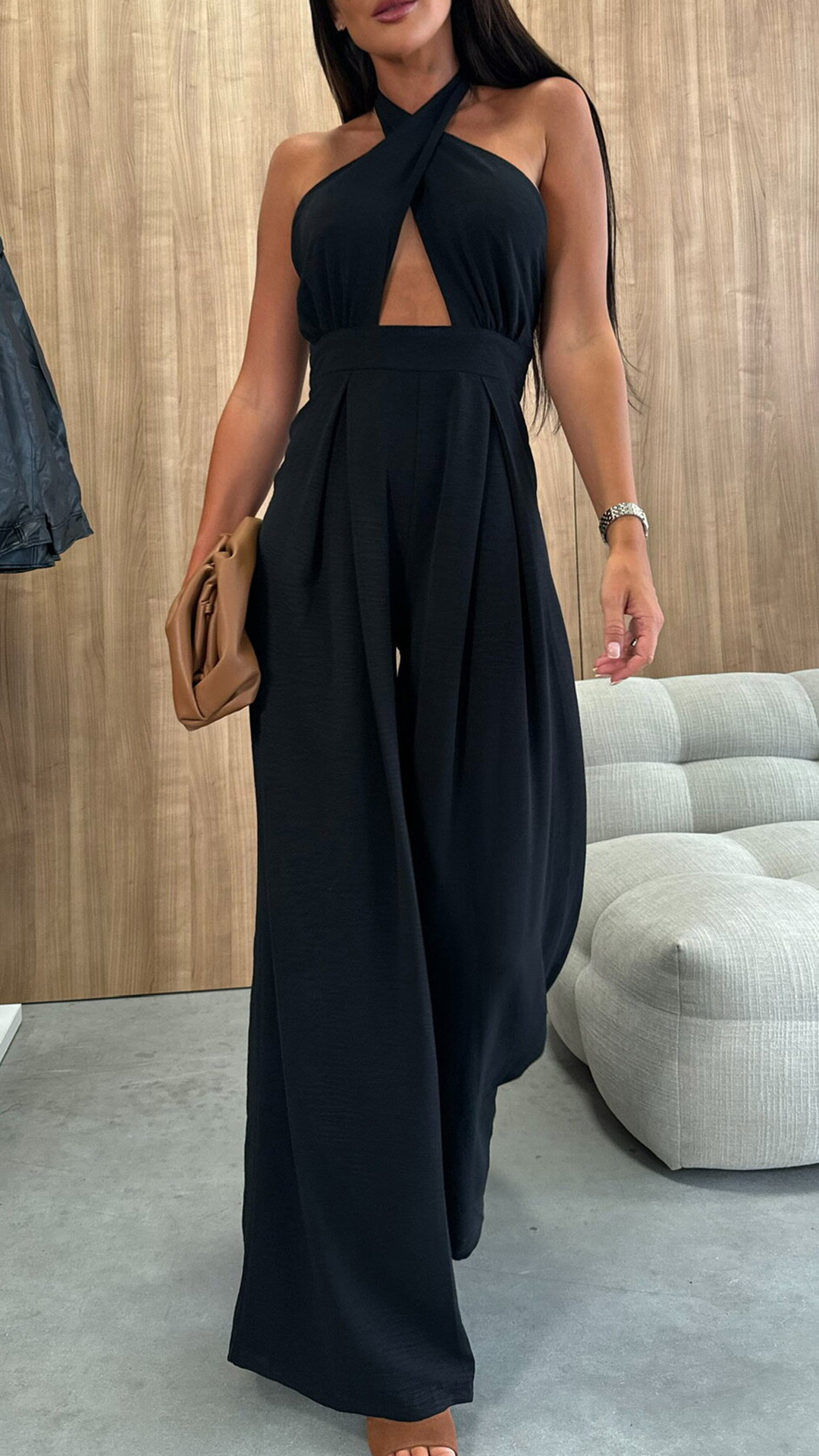 Women's Magenta Halter Neck Cutout Wide-Leg Jumpsuit