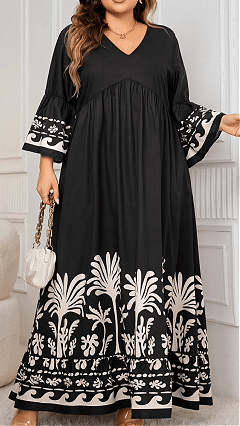 Women's Black & White Botanical Print V-Neck Bell Sleeve Maxi Dress