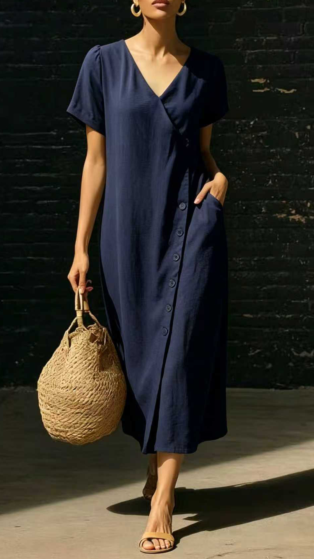 Women's Light Blue V-Neck Short-Sleeve Dress