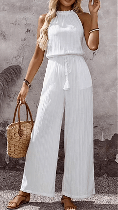 Women's Cotton-Blend Halter Sleeveless Top & Wide-Leg Pants Set
