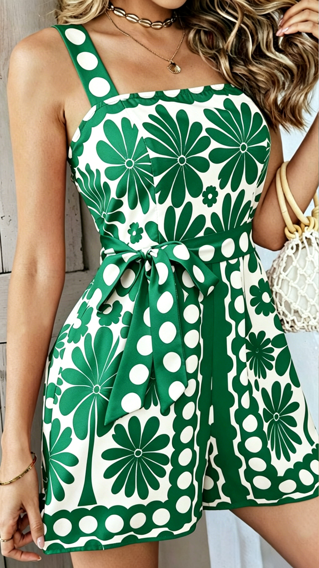 Women's Cotton-Blend Square Neck Printed Waist-Tie Romper