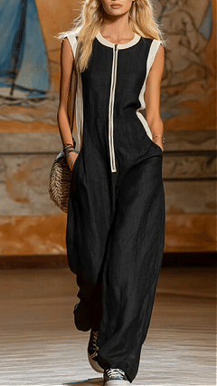 Women's Cotton-Blend Color-Block Sleeveless Wide-Leg Jumpsuit