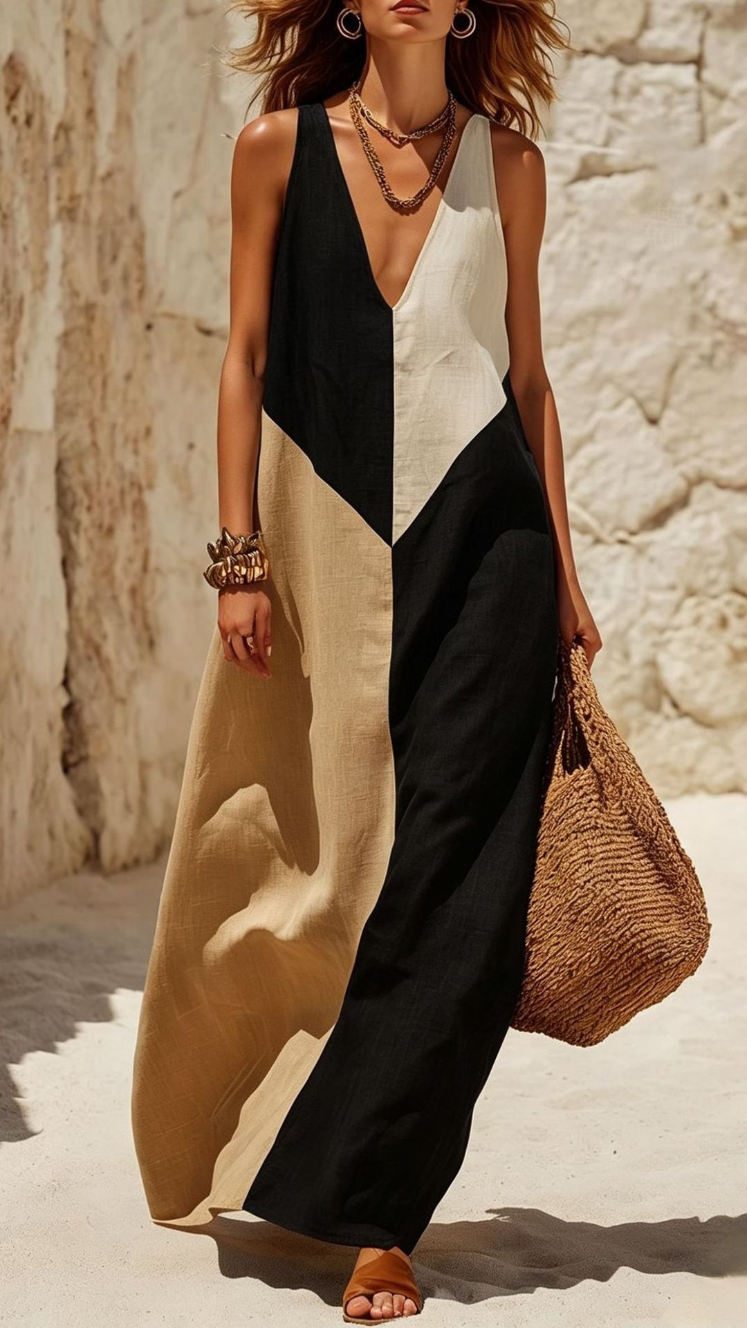 Women's Green & Beige Color Block V-neck Sleeveless Maxi Dress