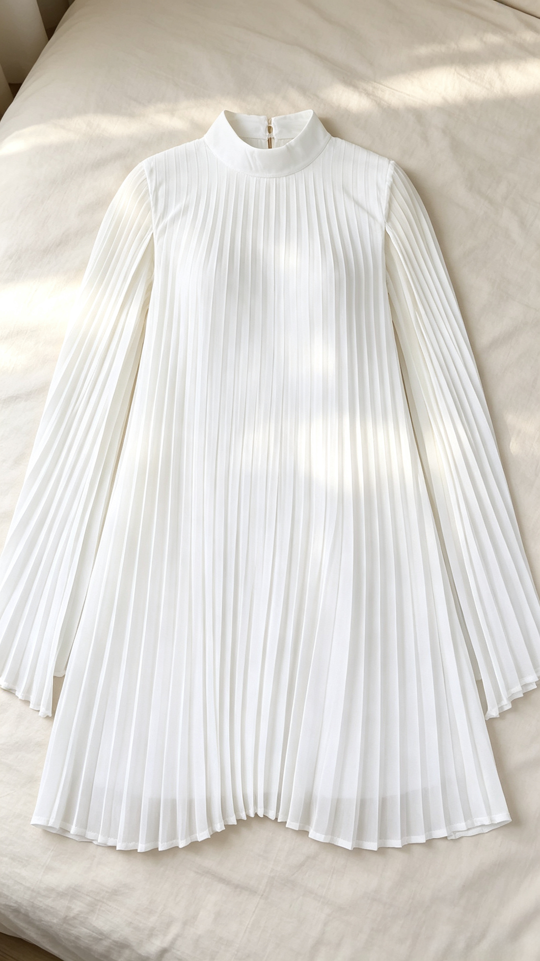 White chiffon cape sleeve dress pleated waist detail elegant feminine fashion close up