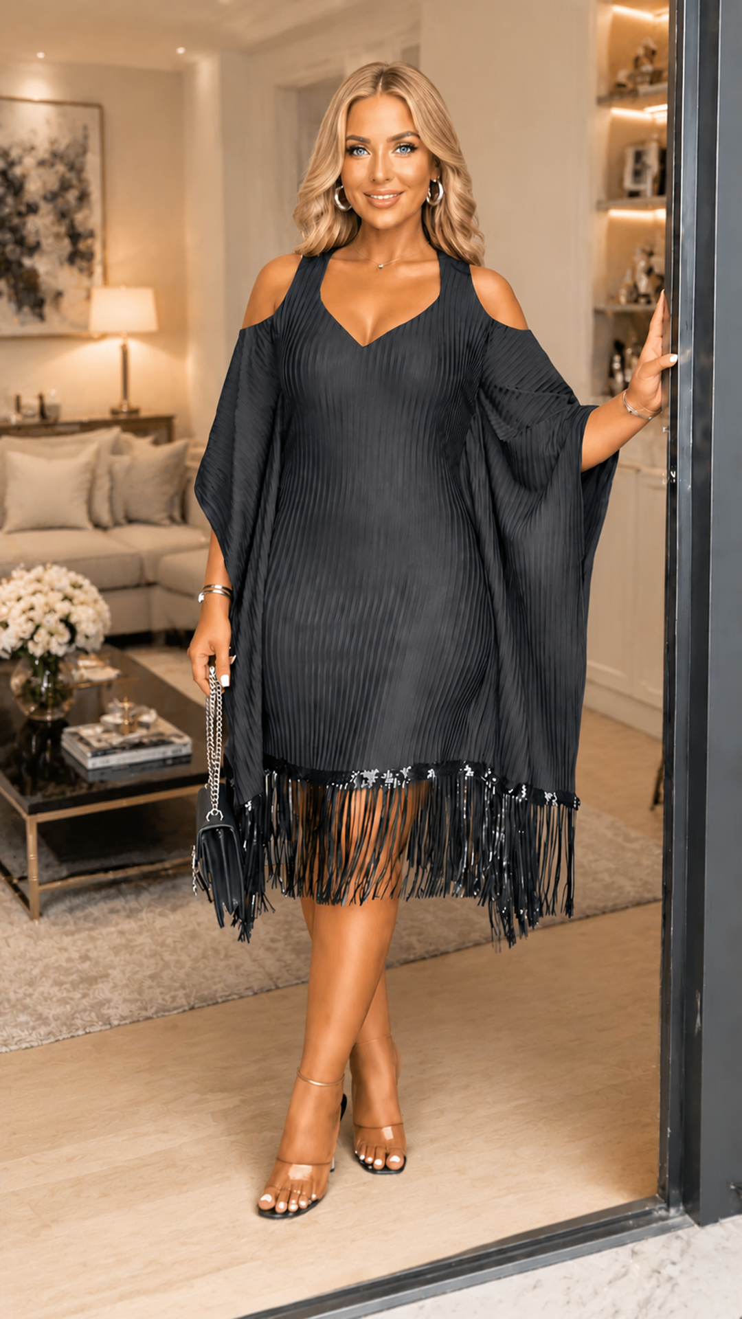 Black Fringe Dress Women – Elegant Cape Sleeve Mini Dress With Tassel Hem Boho Resort Wear Evening Outfit