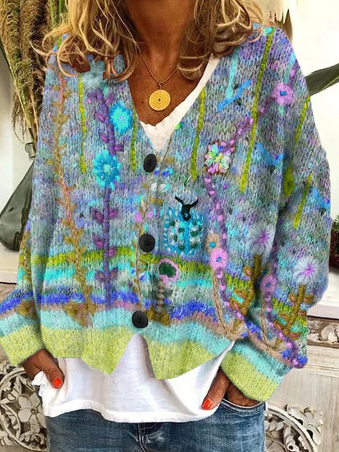 Women's casual floral pattern three-button knitted cardigan sweater