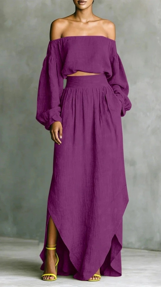 Women's casual off-shoulder top and asymmetrical skirt two-piece set