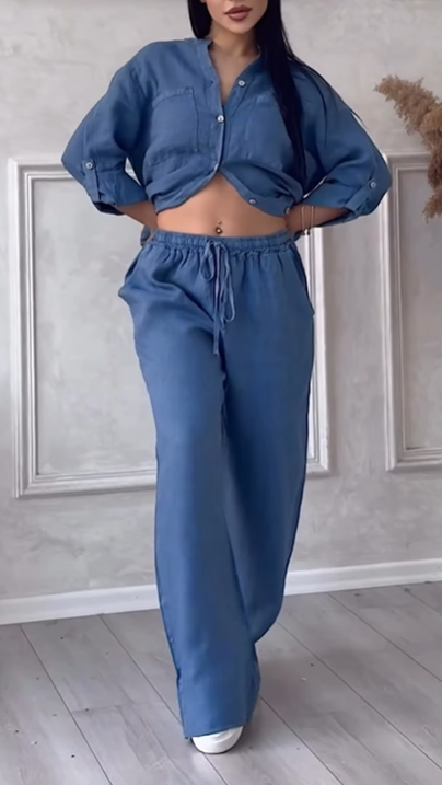 Women's Casual Cotton-Linen Solid-Color Shirt & Drawstring Wide-Leg Pants Two-Piece Set
