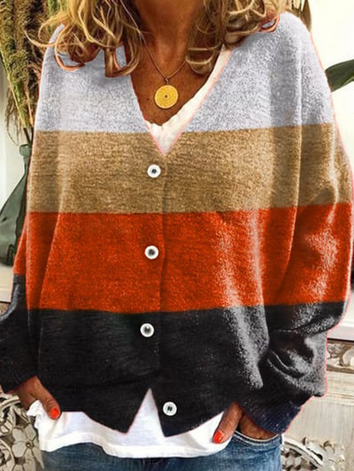 Women's casual floral pattern three-button knitted cardigan sweater