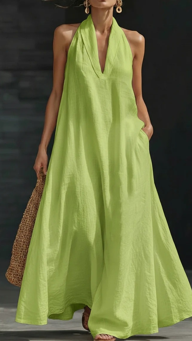 Women's Casual Solid-Color V-Neck Dress