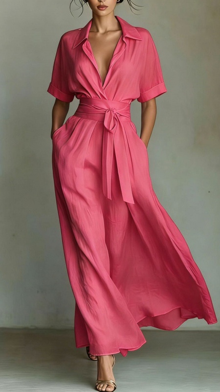 Women's vacation style elegant retro casual solid color waist-cinching slimming dress