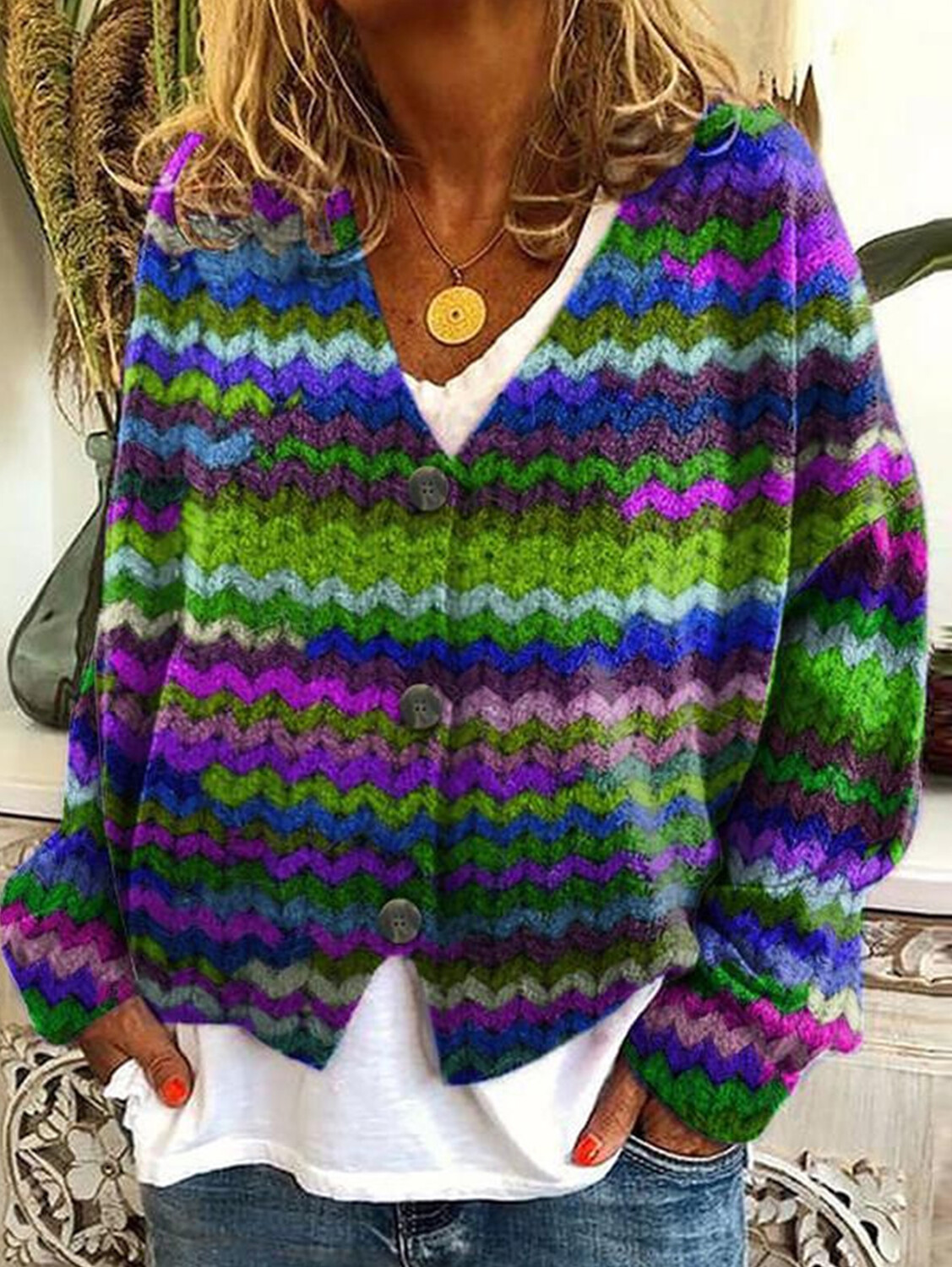 Women's casual floral pattern three-button knitted cardigan sweater