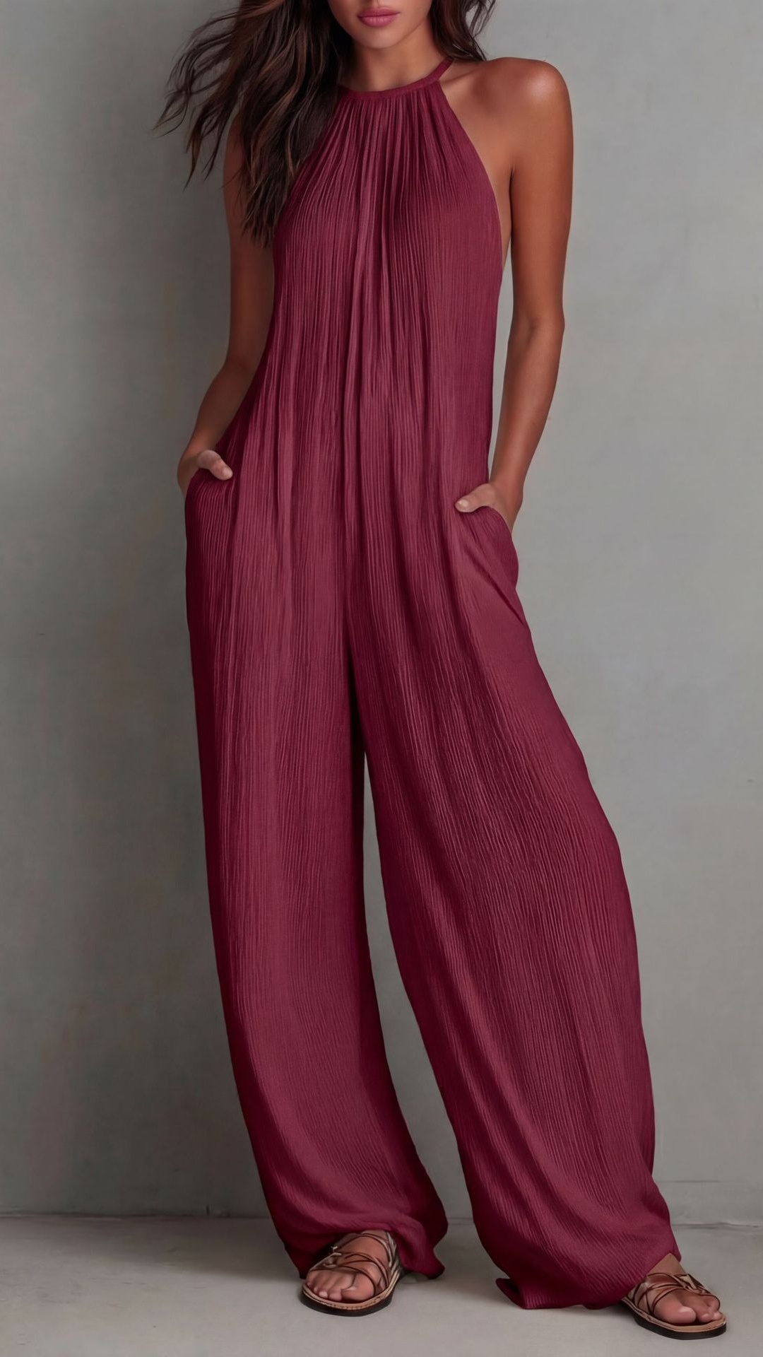 Women Minimalist Halter-neck Loose Cotton-linen Jumpsuit