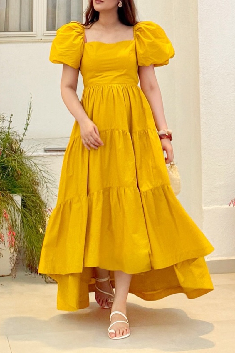 Women's Yellow Puff Sleeve Tiered High Low Maxi Dress（Pre-order payment）