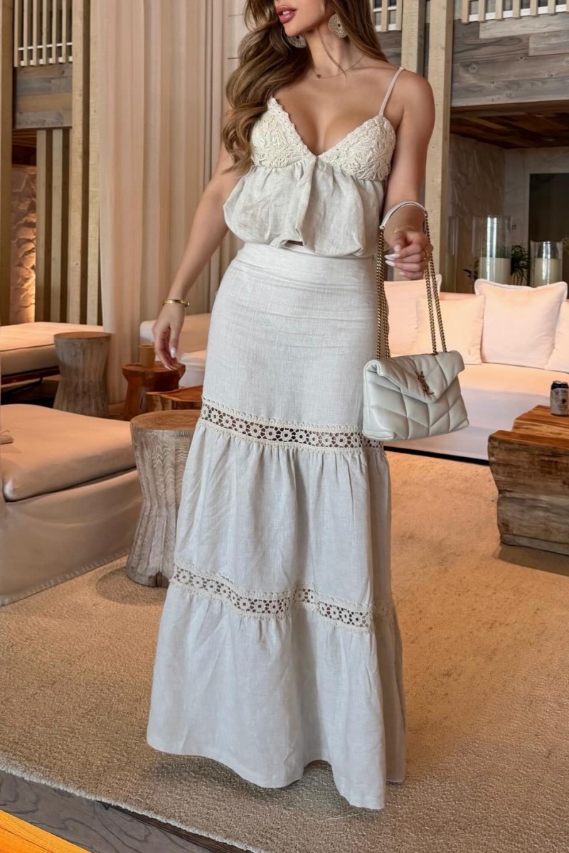 Women's summer casual two-piece set: cotton and linen blend skirt + camisole top.（Pre-order payment）