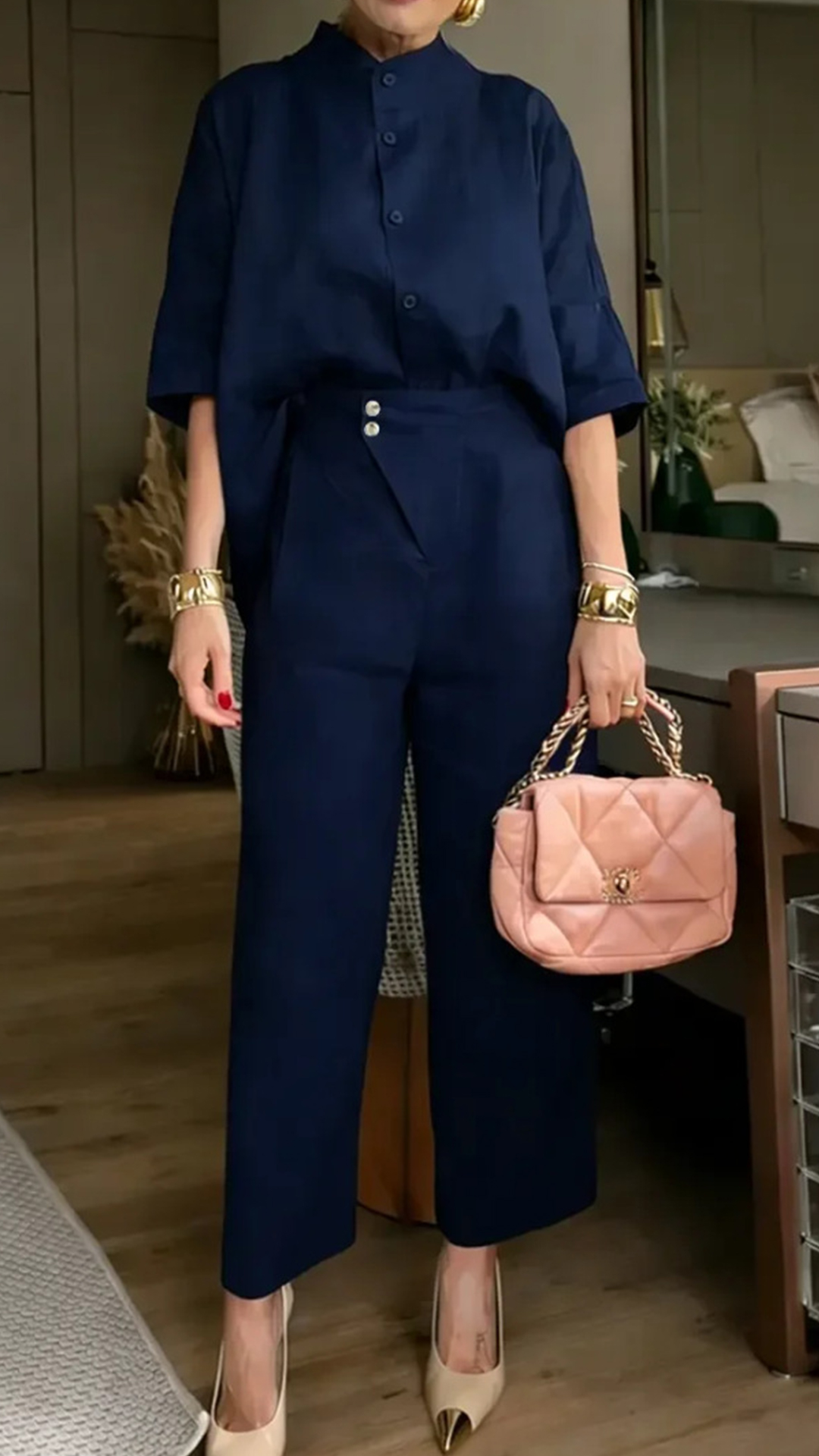 [Pre-sale] Women's Stand Collar Batwing Sleeve Linen Shirt + Wide-Leg Pants Set