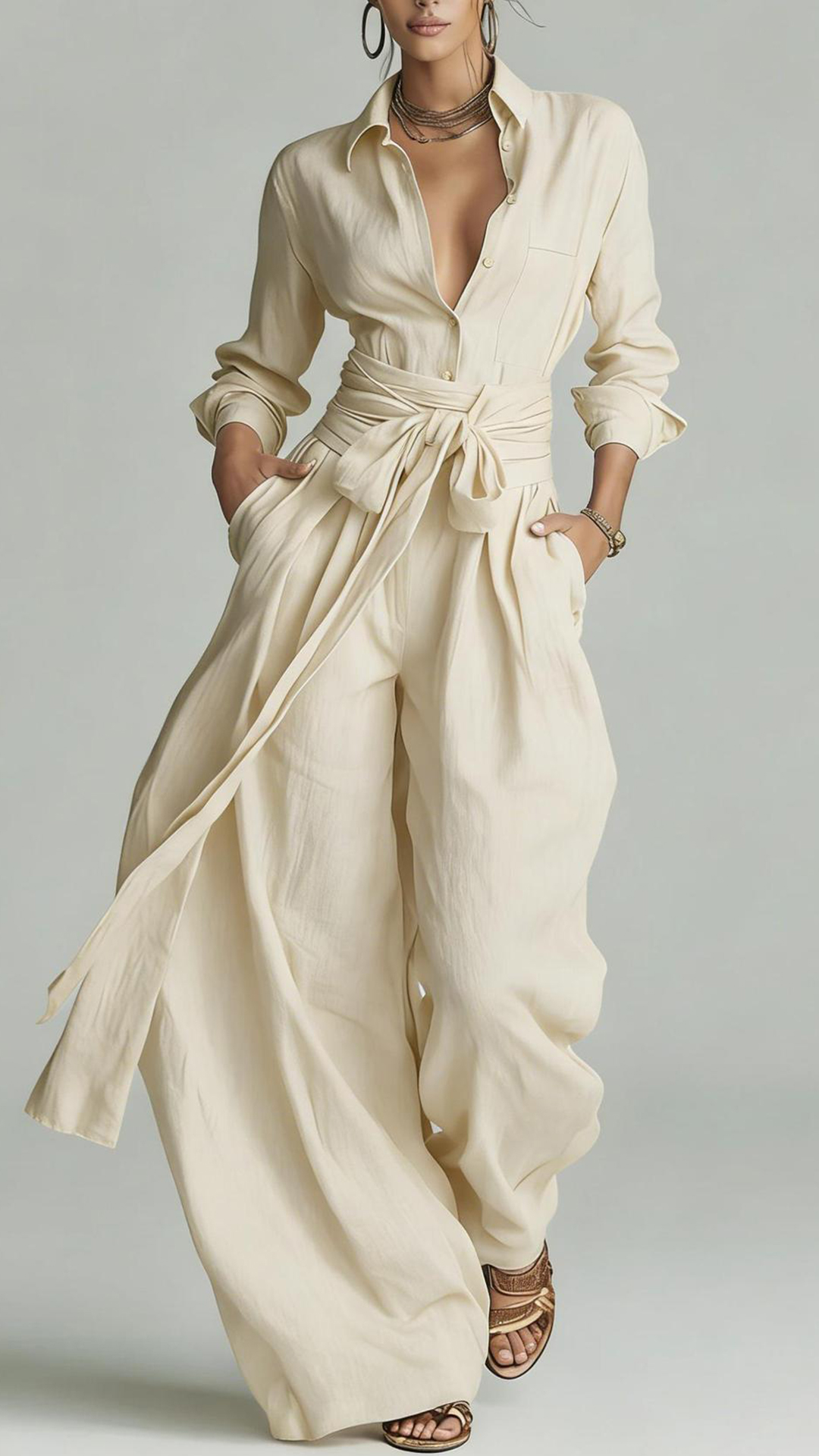 Women's  Cotton-Linen Shirt & Wide-Leg Pants Set with Belt