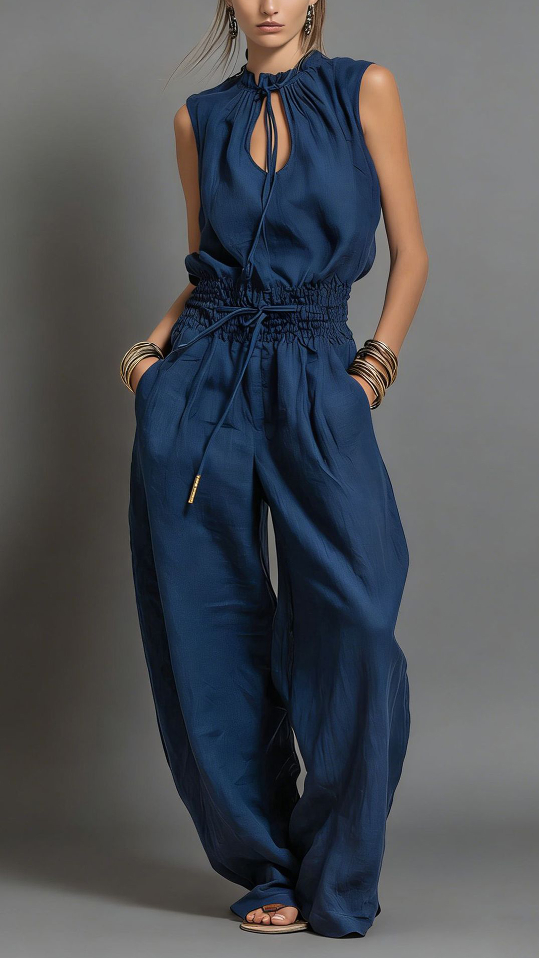 Women's Cotton-Blend Light Beige Waisted Sleeveless Jumpsuit