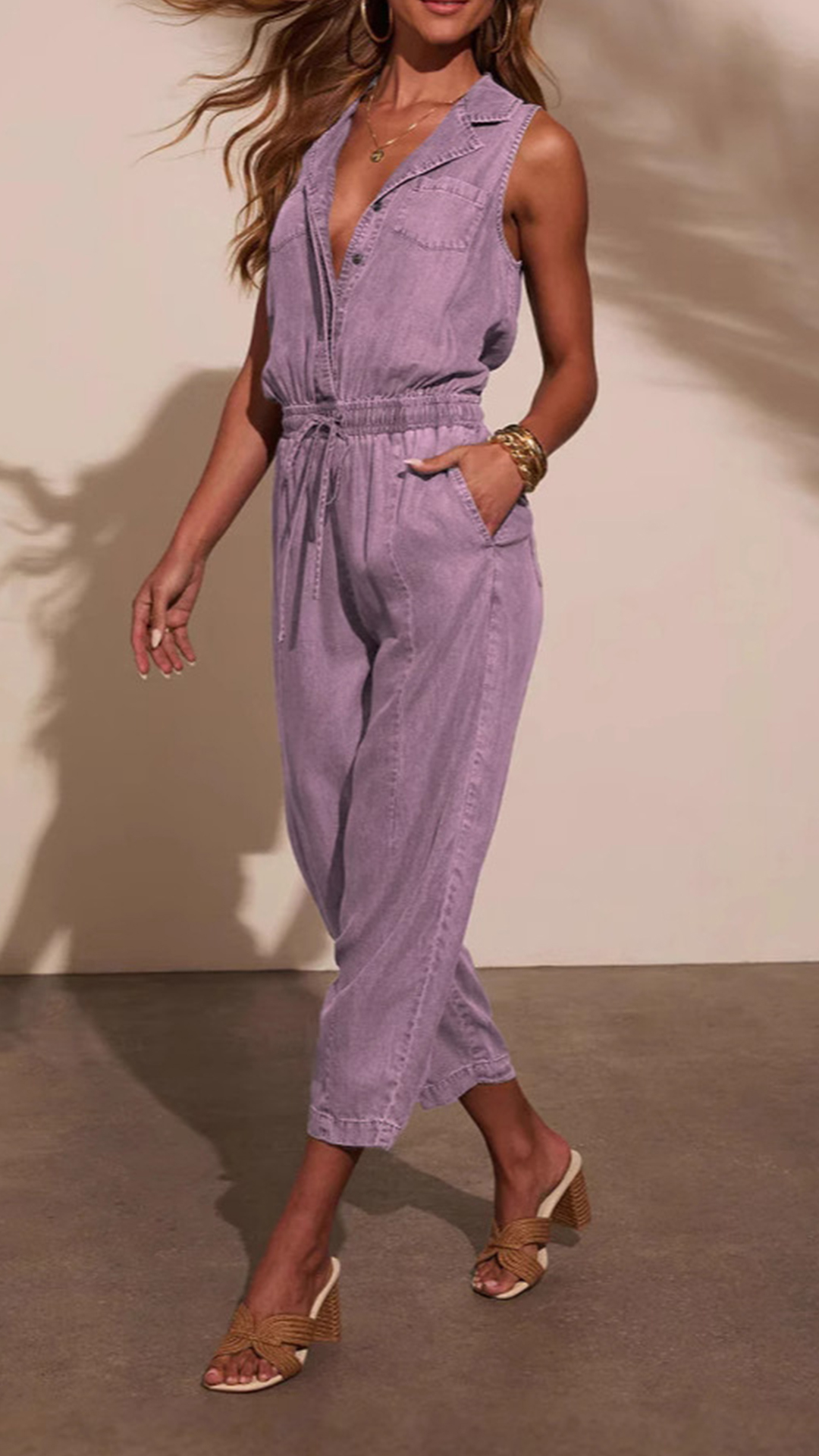 Women's Sleeveless Lapel Denim Waist‑Cinch Cropped Jumpsuit