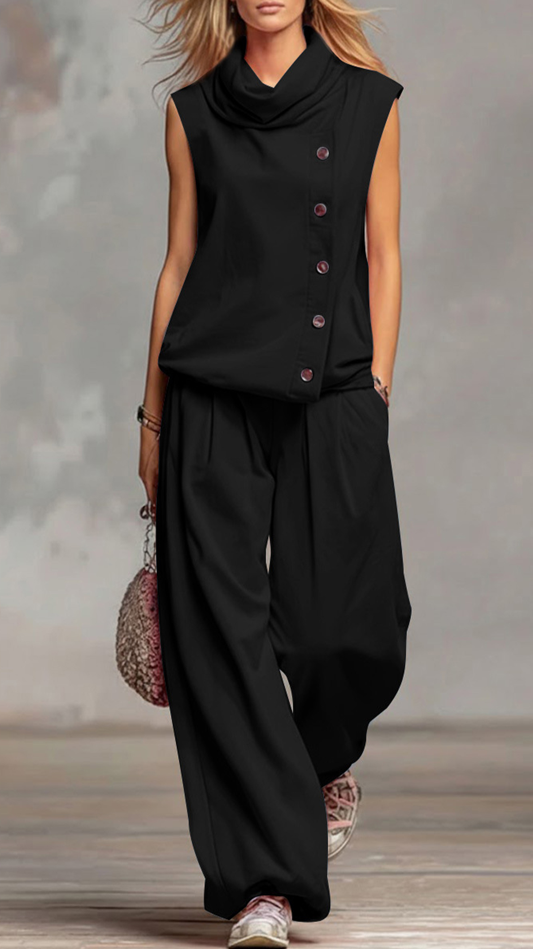 Women's Cowl Neck Sleeveless Top & Wide-Leg Pants Set