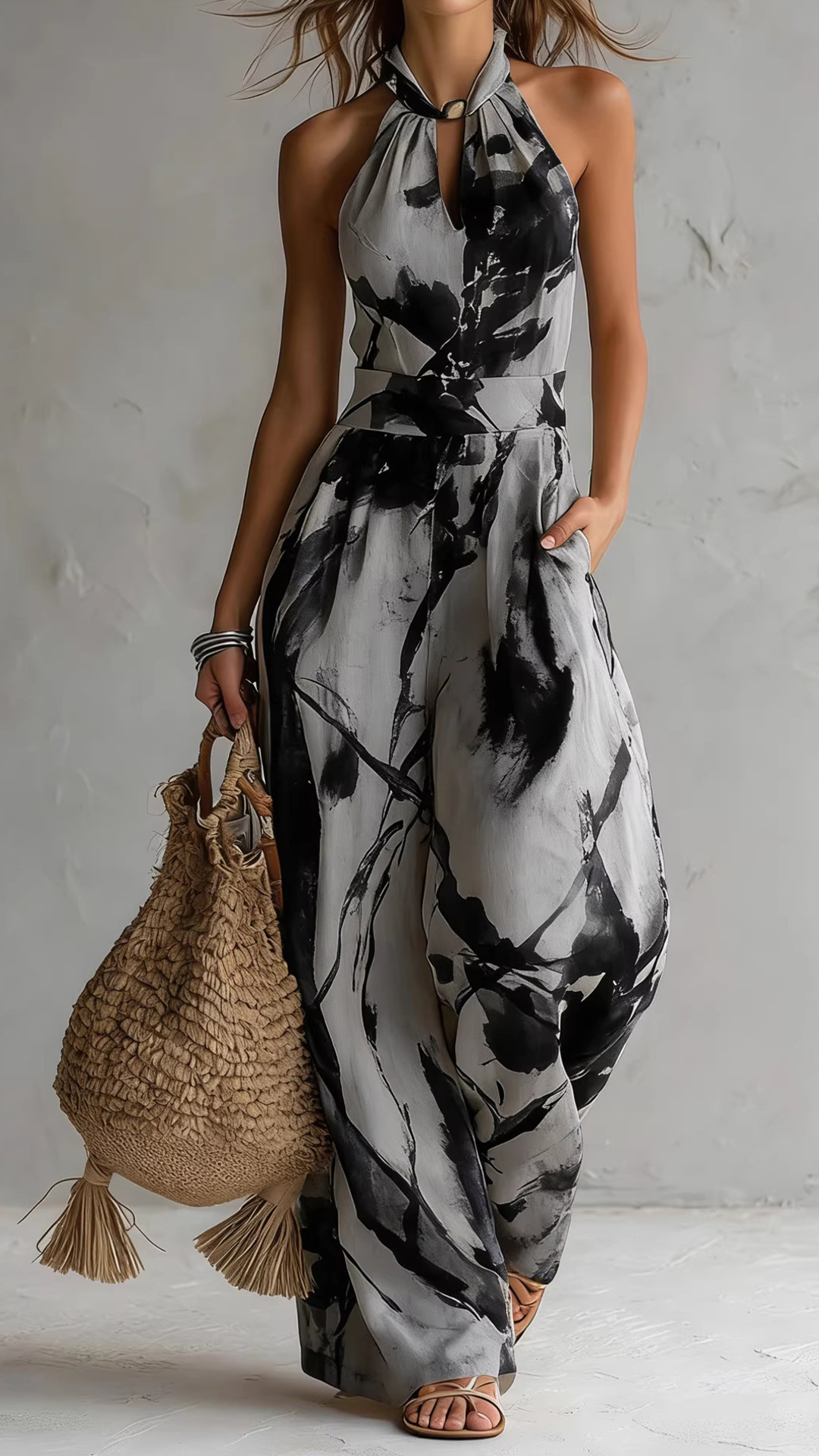 Women's Ink Print Halter Neck Wide-Leg Jumpsuit