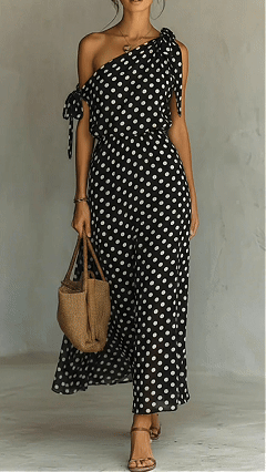 Women's Polka Dot Asymmetrical Tie-Shoulder Wide-Leg Jumpsuit