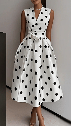 Women's Cotton-Blend V-Neck Polka Dot Tie-Waist Sleeveless Midi Dress