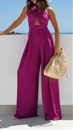 Women's Magenta Halter Neck Cutout Wide-Leg Jumpsuit