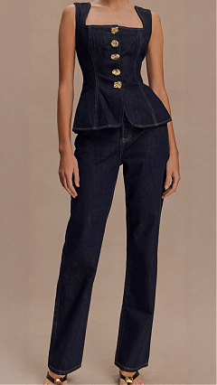 Women's Denim Square-Neck Fitted Waist Vest & Straight-Leg Pants Set
