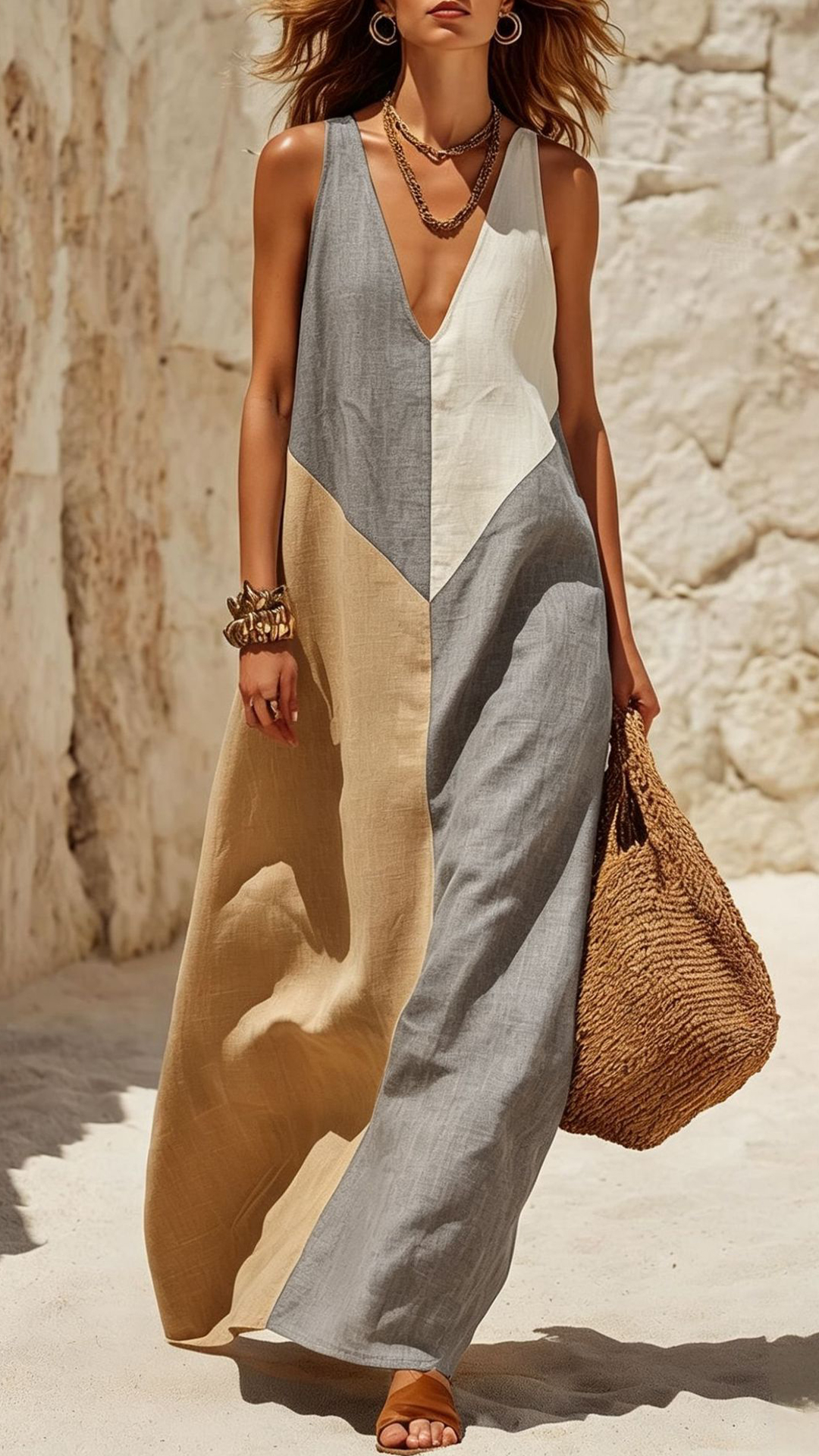Women's Green & Beige Color Block V-neck Sleeveless Maxi Dress