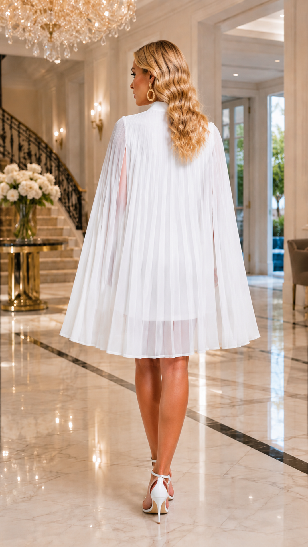 Women wearing white cape sleeve dress elegant evening outfit with chiffon flowing sleeves luxury occasion fashion style