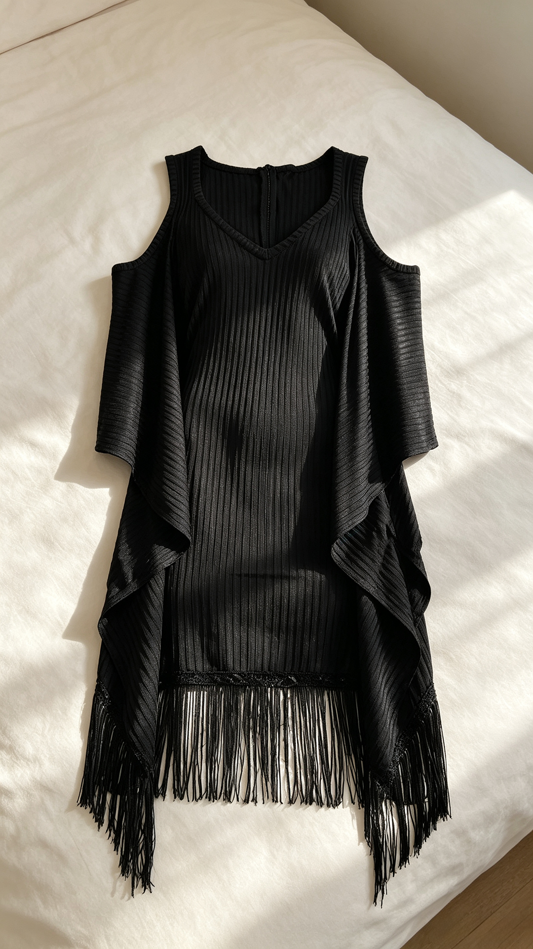 Black cape sleeve fringe dress women loose fit knit mini dress with tassel hem elegant fashion outfit