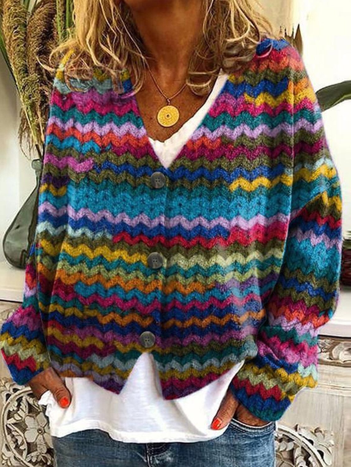 Women's casual floral pattern three-button knitted cardigan sweater