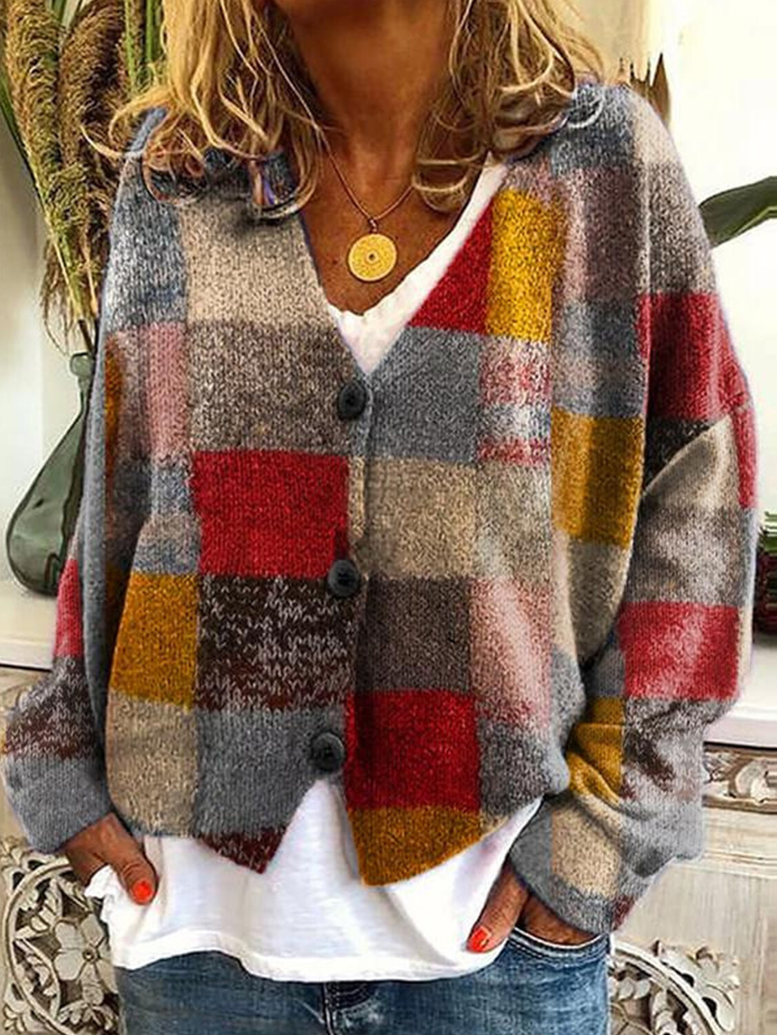 Women's casual floral pattern three-button knitted cardigan sweater