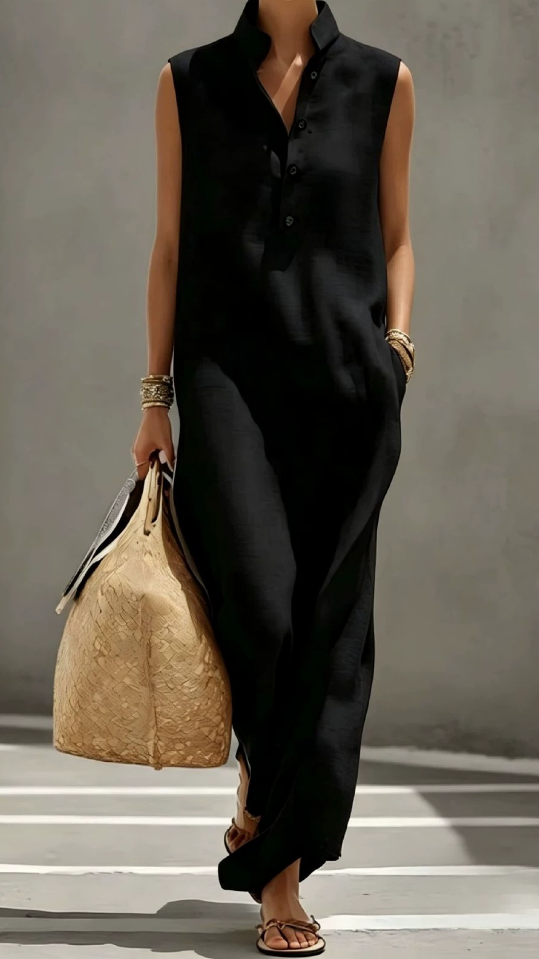 Loose-fitting stand-up collar button-down sleeveless long resort-style shirt dress